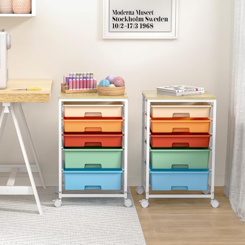 SYKIARIOL Utility Cart with Drawers,5 Drawers Storage Cart,Macaron - color: Macaron