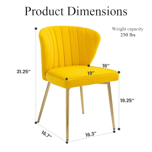 Velvet Dining Chairs Set of 2, Modern Upholstered Vanity Chairs with Golden Metal Legs for Dining Room Kitchen Vanity Patio (Yellow) - color: Yellow