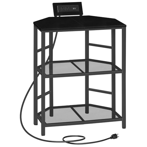 MAHANCRIS Corner Printer Stand with Charging Station, 3-Tier Large Printer Table with Adjustable Feet, Metal Frame Storage Shelf for Office, Living Room, Small Space, Black PTBK14E01 - color: Black