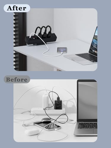 Desk Clamp Power Strip Built-In1 Retractable USB C Cables, USB Ports Black - color: Black