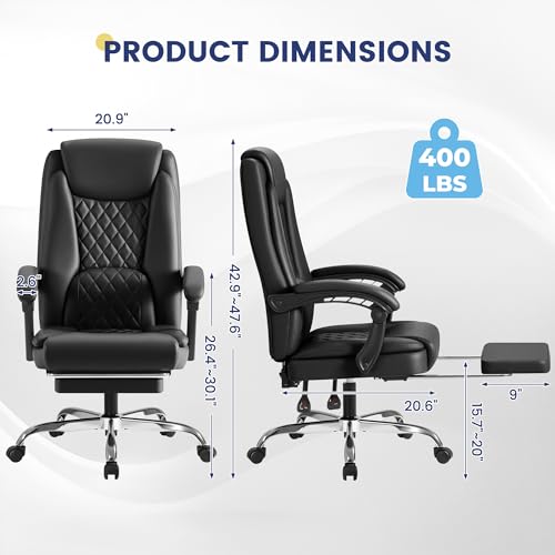 Shahoo Big and Tall Office Chair Height Adjustable Faux Leather Chair with Footrest and Lumbar Support, Ergonomic High Back Computer Chair with 360° Swivel Wheels Task Chairs for Office Home, Black