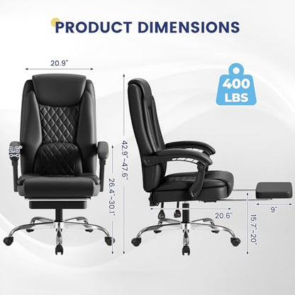 Shahoo Big and Tall Office Chair Height Adjustable Faux Leather Chair with Footrest and Lumbar Support, Ergonomic High Back Computer Chair with 360° Swivel Wheels Task Chairs for Office Home, Black