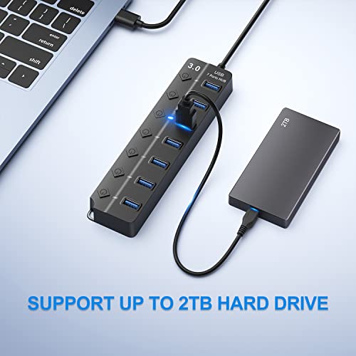 USB Hub 7 Port, USB Splitter with Individual On/Off Switches and Lights. - color: Black