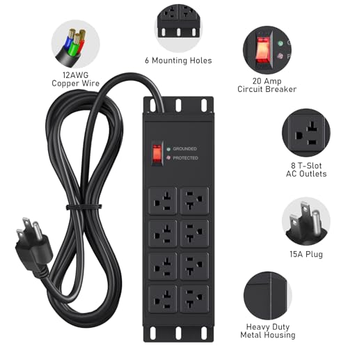 JUNNUJ Heavy Duty Surge Protector, 12 Gauge Extension Cord, Black, 15 FT | Metal Wall Mount 8 Outlets Power Strip, High Amp Outlet Extender for Garage Industrial Shop, 4800J - color: Black, size: 15 ft