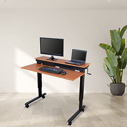 Stand Up Desk Store Crank Adjustable Two Tier Standing Desk with Heavy Duty Steel Frame (Black Frame/Teak Top, 48" Wide) - color: Black Frame/Teak Top, size: 48 Inches