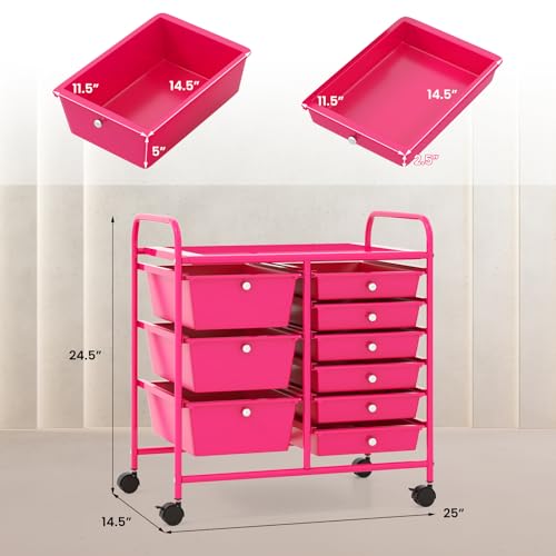 RELAX4LIFE 9 Drawer Rolling Storage Cart - Mobile Drawer Carts for Craft Art Supply Paper Salon, Utility Cart on Wheels for Classroom Teacher School Office, Rolling Cart with Drawers (Hot Pink) - color: Hot Pink, style: 9 Drawers