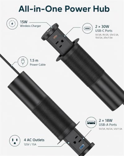 2.4" Pop Up Countertop Outlet, 30W USB-C & Wireless Charger | Fits 2.4 in (60mm) grommet holes, 4 AC outlets, 2 USB-C 30W, 2 USB-A 18W, 15W wireless charging and 1.5m cord, Black - color: Black