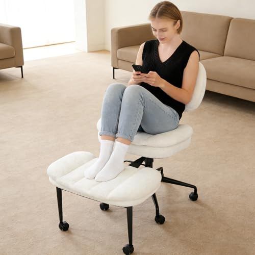 Criss Cross Chair with Footrest, 360° Swivel Faux Shearling Office Chair, Extra Wide Seat with Sofa-Like Comfort, Ergonomic Cross Legged Desk Chair for Cozy Reading, Meditation - color: Wool
