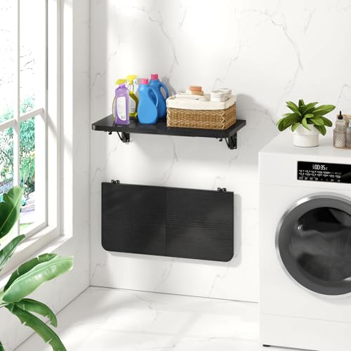 IBUYKE Wall Mounted Folding Table, Floating Wall Desk for Small Spaces, Fold Down Laundry Shelf with Heavy-Duty Brackets, Wall Table for Home Office/Bar/Kitchen/Dining Black UTVT005B - color: Black