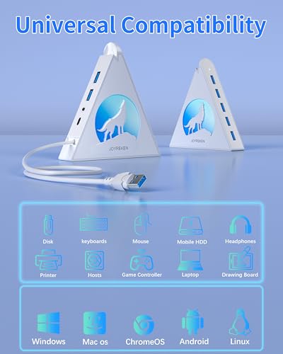7 Port USB Hub, JoyReken USB 3.0 Hub with 2 FT Long Cable, Vertical USB Extension Hub for Laptop, MacBook, Flash Drive, XPS, PC, Flash Drive, Game Console, Printer, Camera,Keyborad, Mouse (White) - color: white