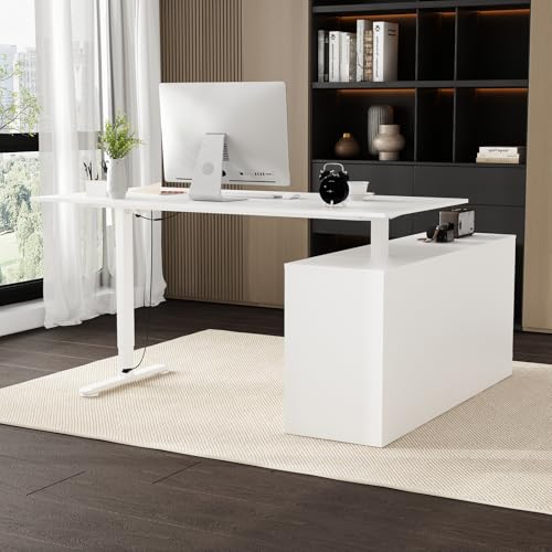 FUFU&GAGA 63” L-Shaped Standing Desk with 3 Drawers, Electric Height Adjustable Desk with File Cabinet, Executive Computer Table, Sit Stand Desks, for Home Office, White, 63”W x 55.1”D x 29.1”-44”H