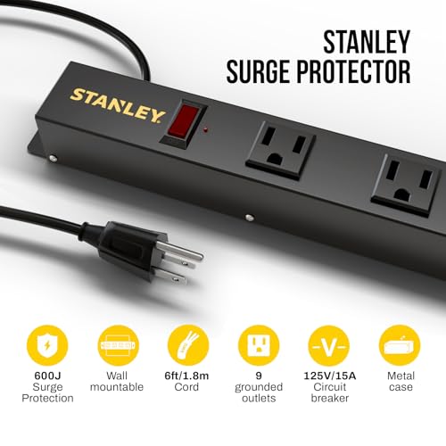 STANLEY SurgeMax Pro Metal Surge Protector Power Strip with 9 Outlets 600J Surge Protection 6 Ft Power Cord Durable Metal Housing Black