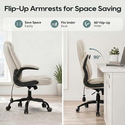 MALOL Leather Office Chair, Home Desk Chair with Flip-up Arms, Beige - color: Beige-new, size: Set of 1