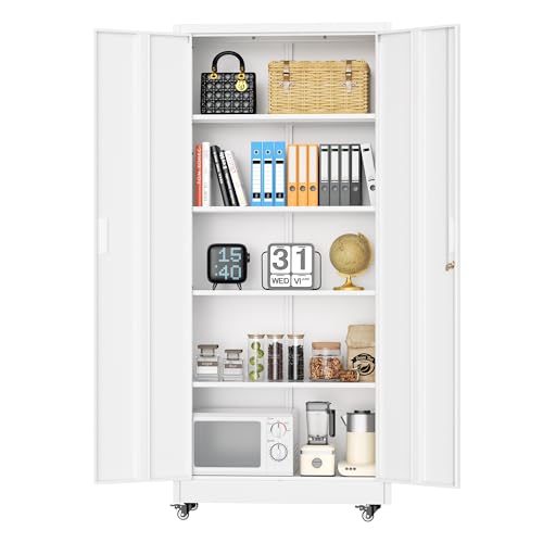 INTERGREAT Metal Storage Cabinet with Wheels, 73" H Rolling Metal Cabinets with Doors and Shelves, White Steel Lockable Cabinet on Wheels for Garage Storage - color: White, size: RMC-73H