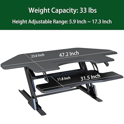 47 inch Corner Standing Desk Converter, Height Adjustable Sit Stand Desk Riser, Black, GSD06T