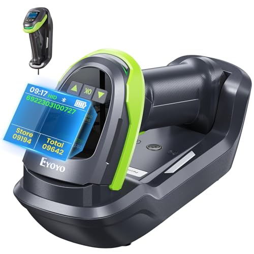 Eyoyo Handheld 1D 2D QR Bluetooth Wireless Barcode Scanner with Screen | 1.44" LCD, Wall-Mount Locking Charging Cradle, 2900mAh Removable Battery, USB Wired UPC Bar Code Reader for Warehouse POS
