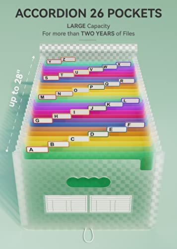 ABC life 26 Pockets Accordion File Organizer, Expanding File Folder, Green | Monthly Bill & Receipt Holder with Colored A-Z Tabs, Portable Folder Organizer for Home Office School, Fits Letter/A4 Size - color: Green