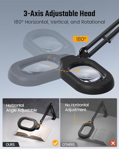 Square Magnifying Desk Lamp, Magnifying Glass with Light and Stand | 10X Dimmable LED Hands-Free Mag Magnifier Lamp with Clamp and Base, Swing Arm Light for Close Work, Reading, Crafting, Black