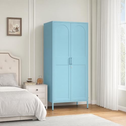 Lockable Metal Wardrobe Closet with Hanging Rod and 3 Adjustable Shelves,67" Metal Storage Cabinet with 2 Doors,Steel Armoire Wardrobe Closet for Bedroom Living Room Cloak Room (Blue) - color: Blue, style: 67"H-Wardrobe-DY