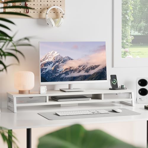 Fenge Dual Monitor Stand Riser, 42.5in Desk Shelf with 2 Drawers, White - color: White