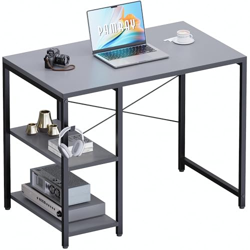 Pamray 32 Inch Small Computer Desk with Shelves for Bedroom Small Spaces | For Home Office, Dorm and Apartment, for Study and Writing, Headphone Hook, Space-Saving, Compact, Easy Setup - color: Grey