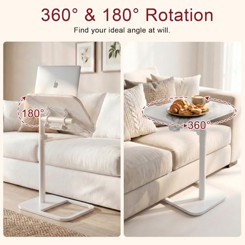 GOYLSER Adjustable Height Sofa C Table, 360° Swivel/180° Flip-Over Panel Side Table with Tablet Slots for Small Spaces, Morden TV Tray Couch Tables for Dinner Eating (White Marble) - color: White Marble, style: Angle Tilt