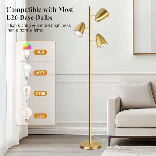 QiMH Tree Floor Lamp with 3 Light Bulbs, Standing Tall Pole Lamps for Living Room Bedroom Office, Reading Stand up Lamps with 3 Adjustable Arms, Brushed Gold - color: Brushed Gold
