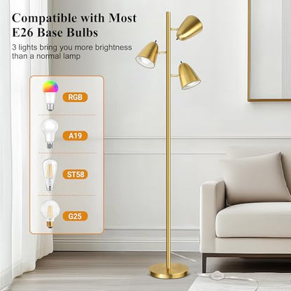 QiMH Tree Floor Lamp with 3 Light Bulbs, Standing Tall Pole Lamps for Living Room Bedroom Office, Reading Stand up Lamps with 3 Adjustable Arms, Brushed Gold - color: Brushed Gold