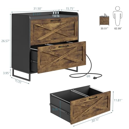 Vabches 2 Drawer Lateral File Cabinet with Charging Station, Brown & Black - color: Rustic Brown