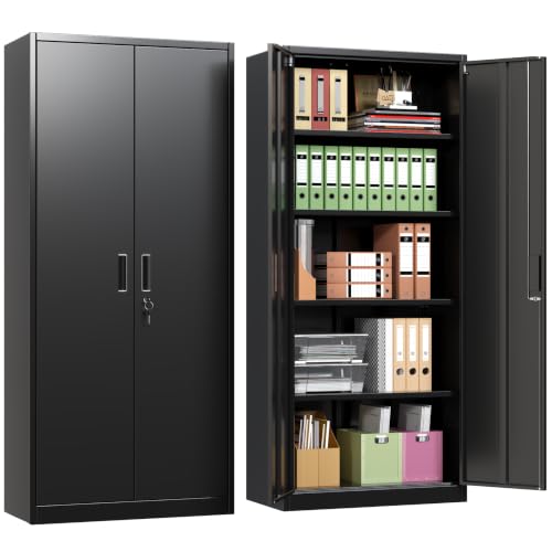 71" H Metal Garage Storage Cabinet,Lockable Steel File Cabinet with 4 Adjustable Shelves,Assembly Required, Warehouse,Office,Home, Black - color: Black, size: 15.75" × 31.50" W × 70.87" H.