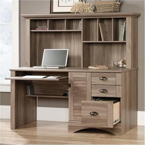 BOWERY HILL Wood Home Office Desk with Hutch, Salt Oak Finish, 3 Drawers, File Storage, Slide-Out Keyboard Shelf, Cubbyhole and Vertical Storage, 57.52" H x 62.13" W x 23.39" D