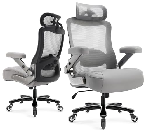 600lbs Big and Tall Office Chair, Heavy Duty Executive Computer Desk Chair | 3D Flip Arms, Large Wheels, Ergonomic Design, Extra Wide Seat, Adjustable Lumbar Support&Headrest, Mesh High Back Chair - color: Grey