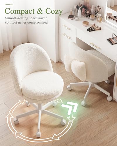 GTPOFFICE Vanity Chair with Back, Adjustable Tall Office Chair High Swivel Bar Stools Fluffy Cute Desk Chair Comfy with Wheels Bow Pillow Armlees for Adults Standing Desk Bar, Teddy Velvet, Cream - color: Tv-cream