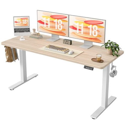 TIQLAB Electric Standing Desk, Adjustable Height Stand up Desk, 63 * 24 Inches Sit Stand Home Office Table with Splice Board, Light Walnut - color: Light Walnut, size: 63*24 inch