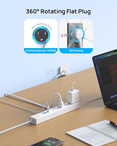 Desk Clamp Power Strip, Surge Protector with 5 AC Outlets and 3 USB Ports, Desk Mount Charging Station, Surge Protector Power Strip with 360° Rotating Flat Plug, 5 Widely Spaced Outlets with 2 USB C