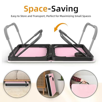 BUYIFY 23.4" Foldable Lap Desk Bed Table with Cup Holder Portable Tray - color: Pink