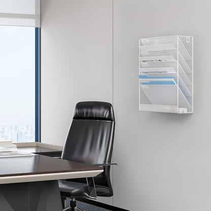 EasyPAG 5 Tier Wall File Holder, Mesh Hanging Folder Organizer with Classify Label, Versatile Desk File Holder, Vertical Wall Mounted Mail Organizer for Office Home Cubicle, White - color: White