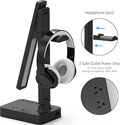 Drevet LED Desk Lamp with Headphone Stand, Desk Light with 1 USB Charging Port and 2 AC Power Outlet, 3 Lighting Modes, 3 Level Brightness,1H Timer, Memory Function, Eye-Caring Gaming Desk Lamp - color: Black3.0 with headphone stand
