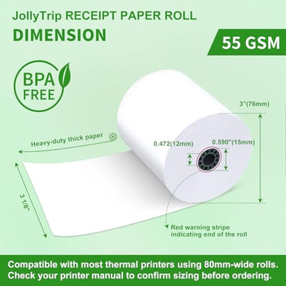 (50 Pack)3 1/8 x 230 Thermal Paper Receipt Rolls,JollyTrip 55 GSM Premium Quality, BPA Free Thermal Receipt Paper 3 1/8 x 230 Rolls Compatible with Most POS Systems, Cash Registers - size: 3 1/8 in x 230 ft 50 rolls