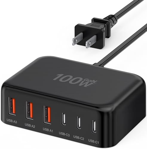 USB Fast Charger Block 50% Smaller 100W Max 6-Port GaN USB Charging Station - color: B-Black, size: 100W