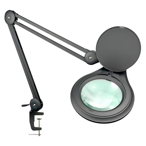 ESD Safe (Glass Lens) Professional LED Magnifying Lamp with Clamp (8 Diopter, 3X) Work Light, 4 Brightness Levels, Daylight Bright, 1200 Lumens, 5600K-6000K, Matte Black, BoliOptics MG16303322