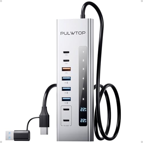 Powered USB C Hub 11-in-1 USB Hub with 2 * 24/45W Type-C PD Charging Ports | PULWTOP USB Powered Hub with SD/TF, 2*USB-C 10Gbps, 4*USB-A 5/10Gbps (72W DC Adapter Included) Not Support Video