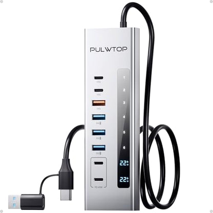 Powered USB C Hub 11-in-1 USB Hub with 2 * 24/45W Type-C PD Charging Ports | PULWTOP USB Powered Hub with SD/TF, 2*USB-C 10Gbps, 4*USB-A 5/10Gbps (72W DC Adapter Included) Not Support Video