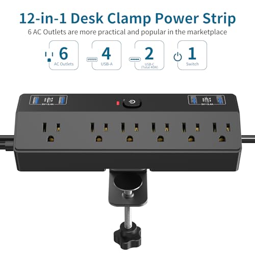 Desk Clamp Power Strip with 40W Fast Charging Station, JXGUCAT 10ft Flat Plug Power Strip Surge Protector, 2 USB-C Ports, 6 AC Outlets, Fit 2.48" Tabletop Edge, Home Office Desk Accessories Essentials - color: Black 2.5", size: 10FT