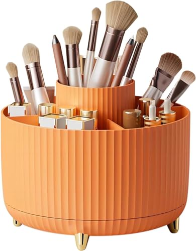 Makeup Brush Holder,360° Rotating Makeup Brush Organizer,5 Slot Make up Brushes Cup for Cosmetics,Large Capacity,For Nail Polish, Art Supply, Bathroom Vanity,Cosmetics Organizer,Orange - color: Orange