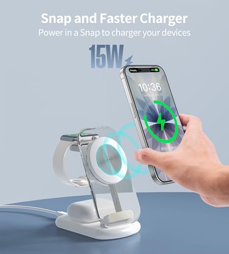 Mukiya 3 in 1 Magnetic Wireless Charging Station for Apple Devices | Fast Travel Charger Stand with Night Light for MagSafe-enabled iPhone 17 16 15 14 13 12 Series, Apple Watch/AirPods Pro, WH - color: White