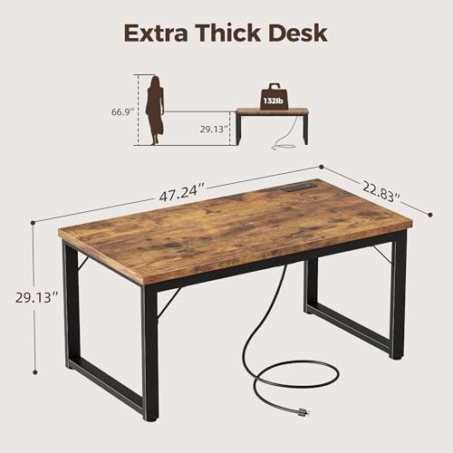 Mericonia 48 Inch Computer Desk with Power Outlets, 1.2" Thick Office Table - color: Brown, size: 48",1.2"T