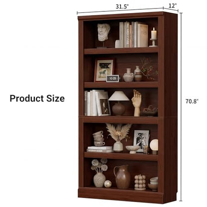 Unikito 71” Tall Bookcase with Adjustable Storage Shelves, Cherry Finish | 5 Tier Open Storage Bookshelf, Thick Wood and Sturdy, Freestanding Book Case Organizer for Living Room, Home Office, Bedroom