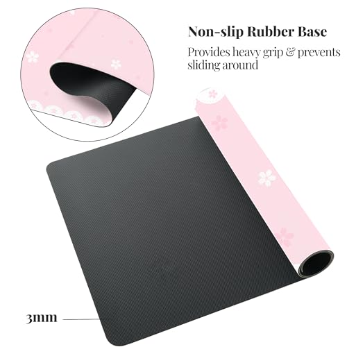 Cute Cherry Blossoms Desk Mat, Sakura Extended Gaming Keyboard Mouse Pad, Large Office Desk Cover Mat Pad Deskmat, Non-Slip Leather Home Office Desk Mat Protector 31.5"×15.7", Pink - color: Pink, size: 31.5" x 15.7"