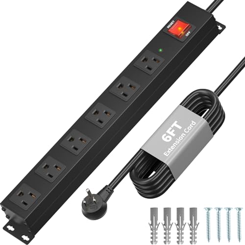 KF Matel 6 Outlet Power Strip Surge Protection 2100J,Heavy Duty Wide Space Power Strip with Flat Plug/Upgraded Switch,15A/1875W/14AWG 6FT Extension Cord in Home,Garage,Shop - color: Black(6 outlet), size: 6FT